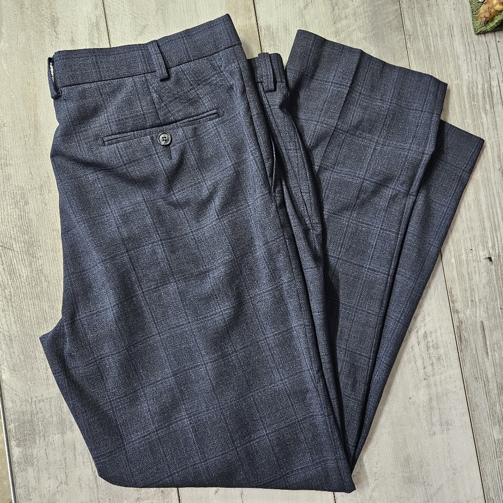 M&S Collection Tailored Fit Performance Trousers Pants Wool Blend 38 Navy Mix